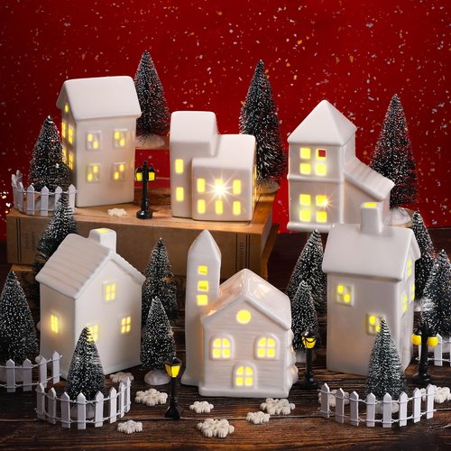 Fovths LED Lighted Ceramic Winter Village Figurines - 39-Piece Holiday Desktop Ornament Set