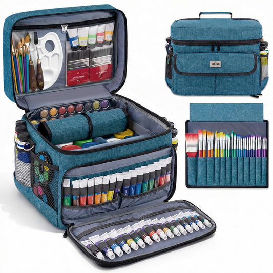 JJRING Versatile Acrylic Paint Organizer Bag With Adjustable Dividers For Multi-Size Bottles, Art Supply Storage Case Features 12-Slot Brush Holder & Clear Zipper Pocket, Travel Craft Tote(Green)