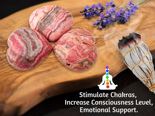 Rhodochrosite Crystal Heart Palm Stone - Pocket Massage Worry Stone for Natural Body Chakra Balancing, Reiki Healing and Crystal Grid