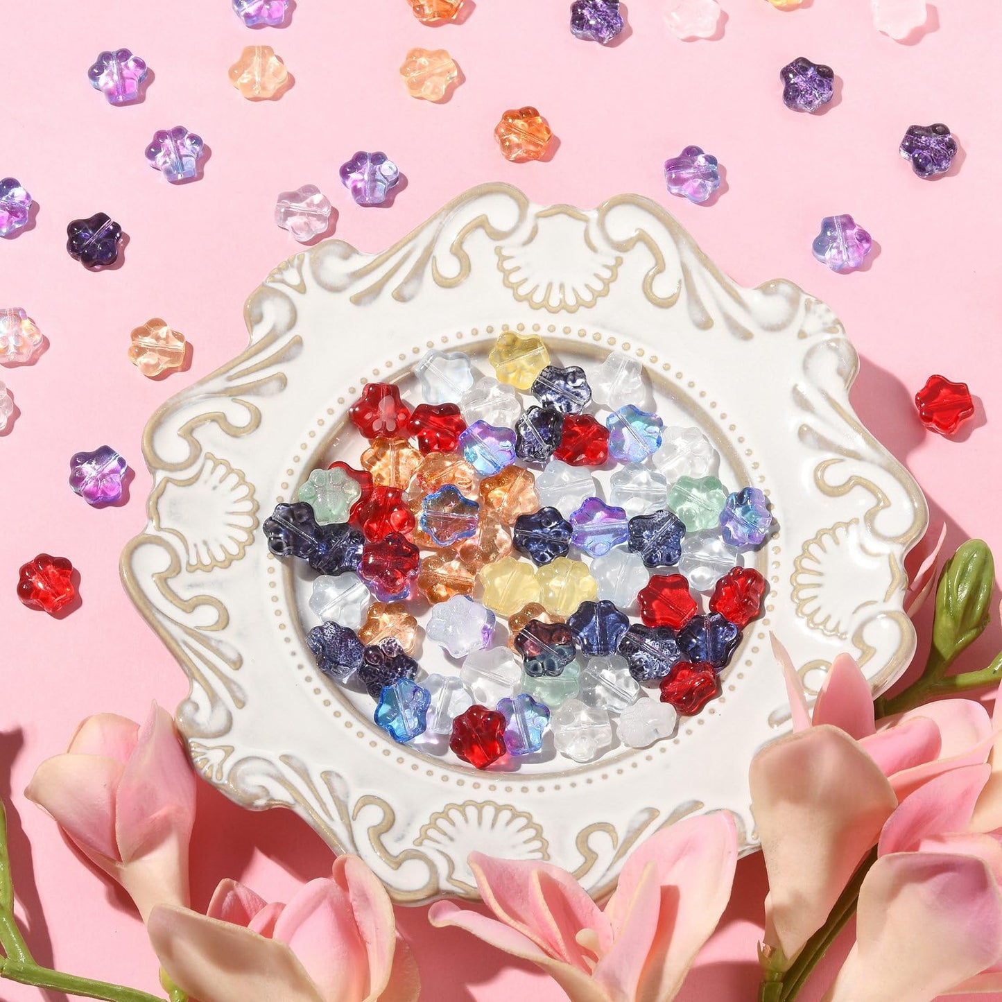 LiQunSweet 100 Pcs 10 Styles Crystal Glass Beads Lotus Crown Butterfly Dog Footprint Rabbit Elephant Crab Flower Star Beads for Jewelry Making