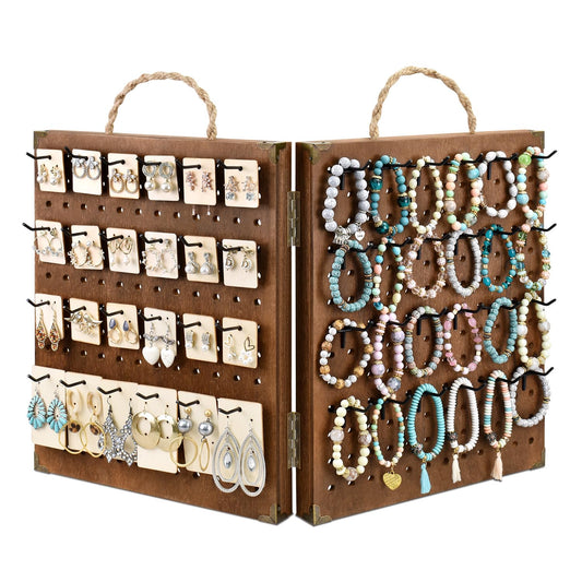 MOOCA Wooden Foldable and Portable 2 Panel Pegboard Jewelry Display Organizer with 48 Removable Black Metal Hooks & Convenient Rope Handle for Easy Carrying, Dual-Sided Panels for Hanging, Brown Color