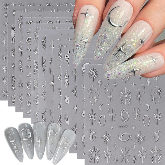 12 Sheets Bronzing Silver Nail Art Stickers, 3D Self-Adhesive Sun Moon Stars Designs Nail Sticker Acrylic Manicure Decals Decorations Accessory for Women Girls