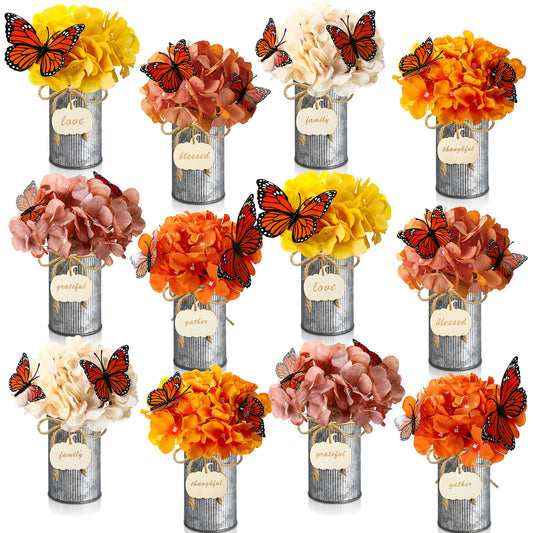 Mimorou 12 Set Fall Thanksgiving Table Centerpiece with Vintage Metal Vases Faux Fall Table Artificial Floral Centerpiece with 3D Butterfly for Autumn Harvest Farmhouse Home Decor (Retro Colors)