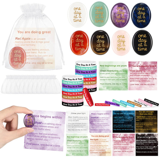Soulchen 16 Sets Thumb Worry Stones for Anxiety Stress Relief Items Chakra Stones One Day at a Time Bracelet Meditation Reiki Spiritual Gift for Women Men Cancer Addiction Recovery Sobriety
