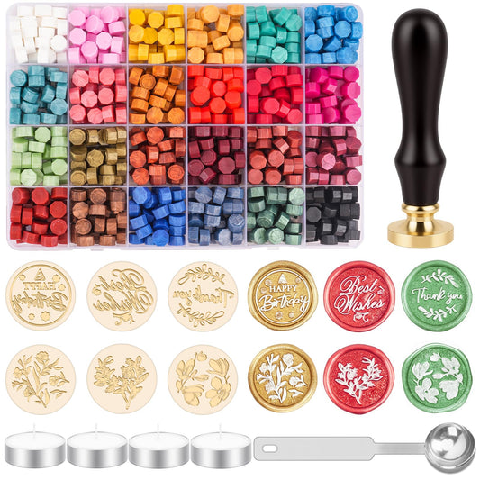 Aottom Wax Seal Kit, Wax Seal Stamp Kit with 24 Colors 624 Pcs Sealing Beads, 6 Packs Brass Stamp Heads, Melting Spoon, Tea Light Candles for Wedding Invitation Envelope Letter Christmas Gift Wrapping