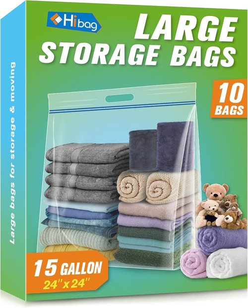 HIBAG 15 Gallon Storage Bags - Extra Large Resealable Clear Bags with Handle | 24” x 24” | Pack of 10
