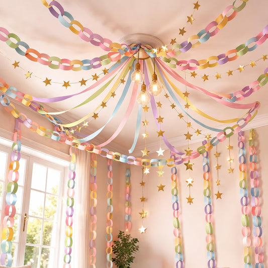 Gleebixi Pastel Birthday Party Decorations Kit with 492ft Crepe Paper Streamers, 300 Sheets Paper Chain Strips and 78.6ft Gold Star Garland for Hanging Decor