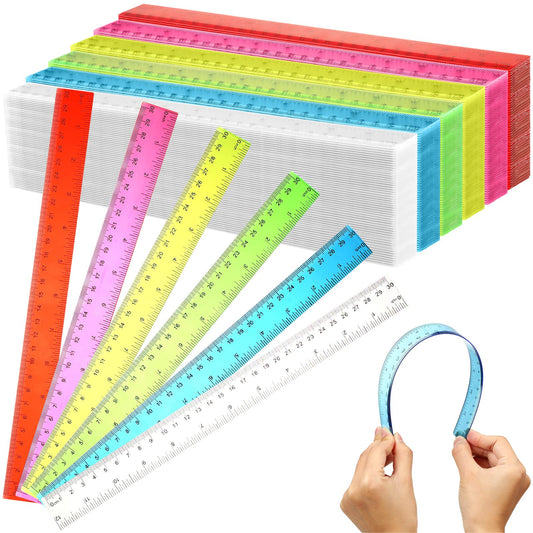 Fumete 144 Pack 12 Inch Plastic Rulers Bulk for Classroom Supplies Flexible Transparent Assorted Color Ruler with Centimeters and Inches for Office Teacher Student