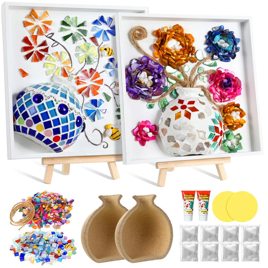 Fuyoooo 2 Sets DIY Vase Mosaic Painting Kit DIY Mosaic Arts and Craft Kits Tiles Crafts with Flower Accessories Creativity Handmade Artwork for Adults Gift Making Home Decoration(Vase Flower)
