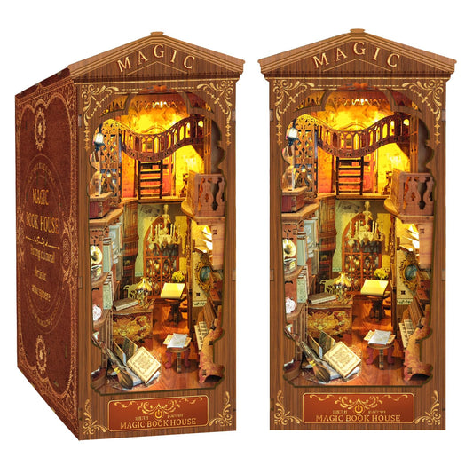 CRIOLPO Book Nook Kit - DIY Doll House Booknook, Book Nook Miniature Kit for Bookshelf Insert Decor Crafts for Adults Teen Halloween, 3D Wooden Puzzle Bookends with Sensor Led Light