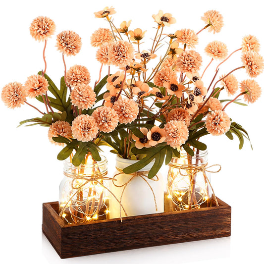 Suncalla 3 Pcs Summer Mason Jar Centerpiece Table Decorations Khaki Faux Kiku Flowers Decorations with Wood Tray and LED Light for Dining Kitchen Bathroom Farmhouse Coffee Table Decor