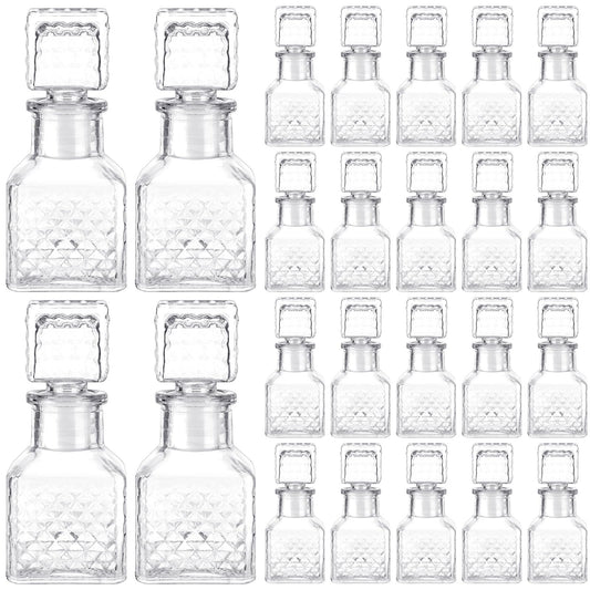 Chuangdi 24 Pcs Mini Glass Wine Bottles 1.7oz Glass Tequila Bottles with Stopper Decorative Tequila Bottle for Whiskey Vanilla Extract Champagne Wedding Baby Shower Party Favors(Square Style)