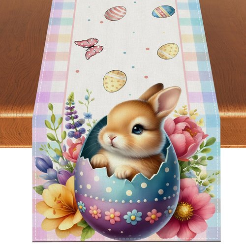 Happy Easter Table Runner Bunny Rabbit Watercolor Easter Eggs Flower Tablecloth Easter Spring Summer Party Decorations and Supplies for Home Kitchen Table-13×72''