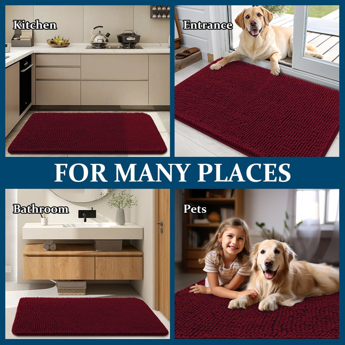 OLANLY Dog Door Mat - Absorbent Non-Slip Washable Chenille Mat for Muddy Paws | 54x32, Burgundy