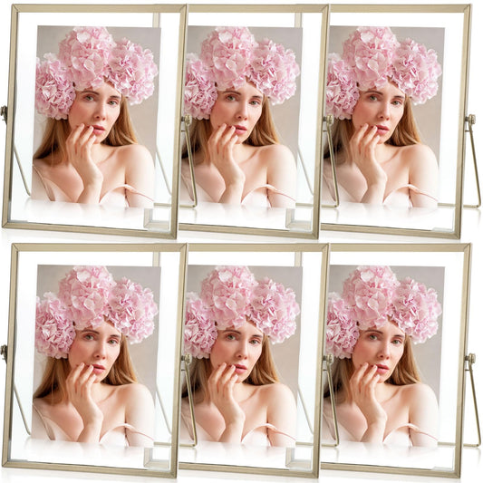Hoteam 6 Pieces 5x7 Inch Gold Floating Frame Glass Picture Photo Frame Bulk Metal Vintage Geometric Vertical Tabletop Display or Wall Mounting Decor(Gold)