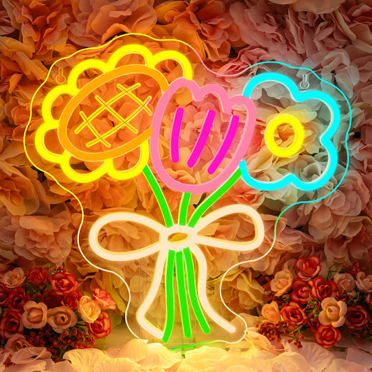 3 Flower Neon Sign Flower Neon LED Lights Cool Warm White Yellow Acrylic Wall Mount LED Boho Decorative Signage USB Powered Summer Retro Light up Sign for Wall Window Bedroom Wedding Birthday Party Decoration for Mother's Day