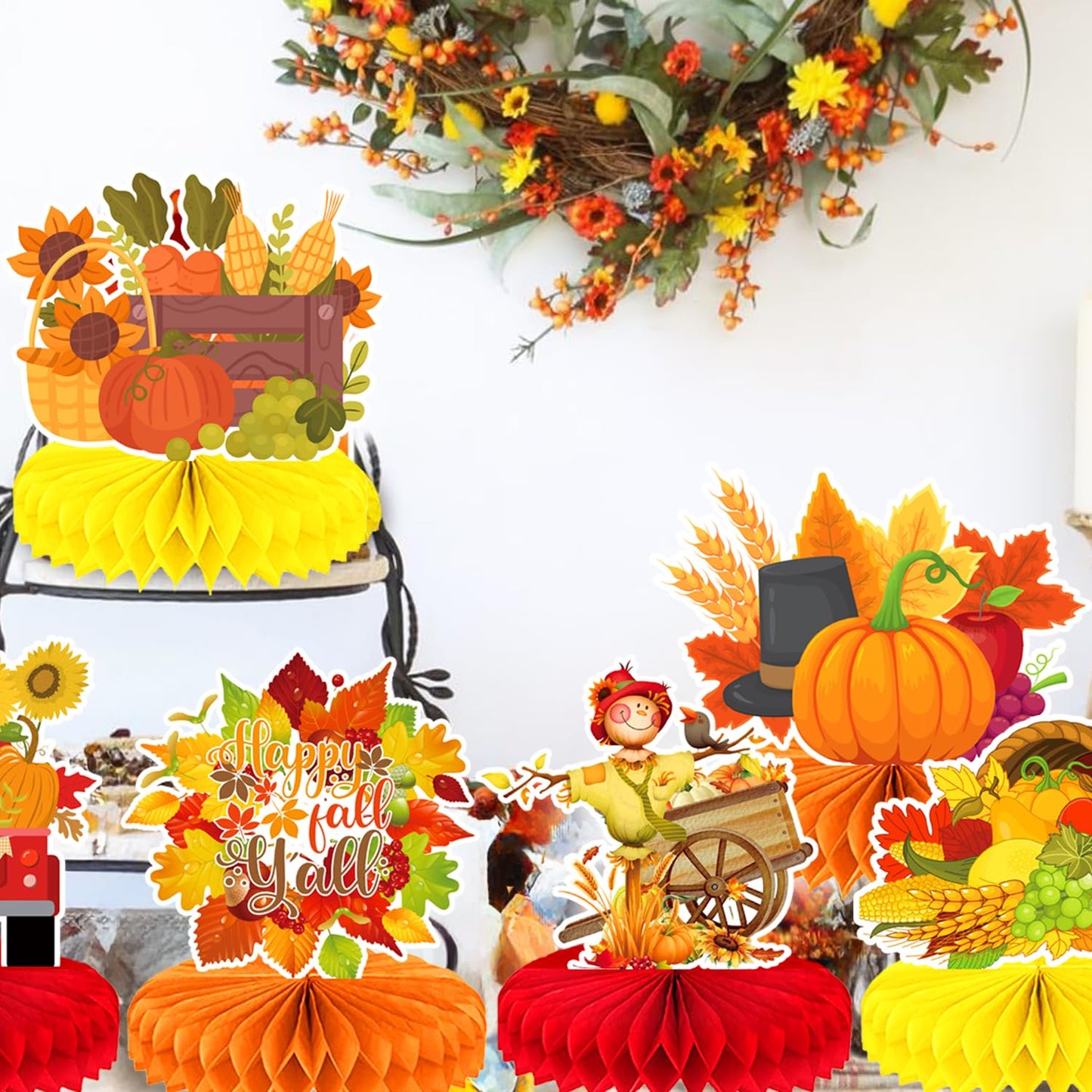 9Pcs Fall Centerpiece Table Decorations Fall Party Decorations Thanksgiving Table Centerpiece Turkey Centerpiece Pumpkin Honeycomb for Thanksgiving Table Decoration Autumn Birthday Party Supplies
