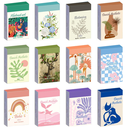 12 Sets 600 Sheets Washi Stickers for Journaling, Boho, Abstract, Vintage Scrapbook Sticker Set for Bullet Journal Art Diary Card Craft Gifts Planner Notebook