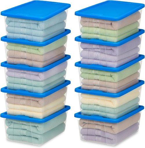 HOMZ 10-Pack Snaplock Storage Bins - Clear Plastic Organizer Boxes with Lids, 6 Quart, Blue | Stackable for Home & Office