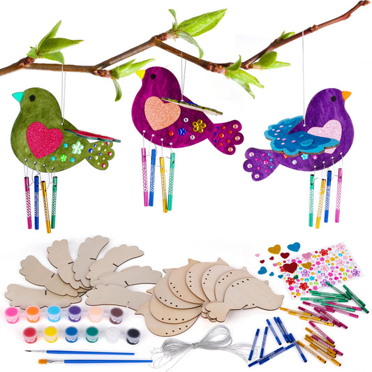 ArtCreativity DIY Wind Chime Kit for Kids - 8 Pack - Wooden Wind Chime Set with Paint Kit, Rhinestone Flower Stickers, Glitter Heart Foam Stickers, and More - Summer Arts and Crafts for Kids 3 and Up