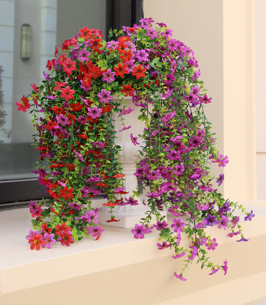 Artificial Hanging Flowers for Outdoors, 4 Pack Fake Hanging Plant for Spring Summer Decor, UV Resistant Faux Silk Flower for Planter Porch Patio Balcony Yard Decoration ( Light Purple & Rose Red)