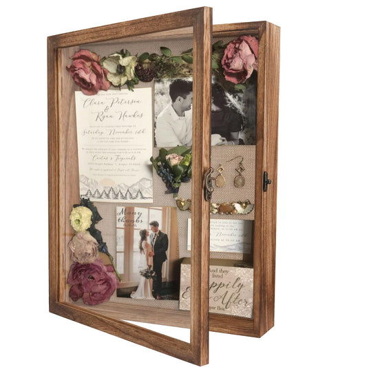 GraduatePro Shadow Box Frame 11x14 Display Case with Linen Back, Real Glass Window Door with Hinge, Picture Frame Wedding Bouquet Memorabilia Medals Photos Memory Box for Keepsakes, Carbonized Black