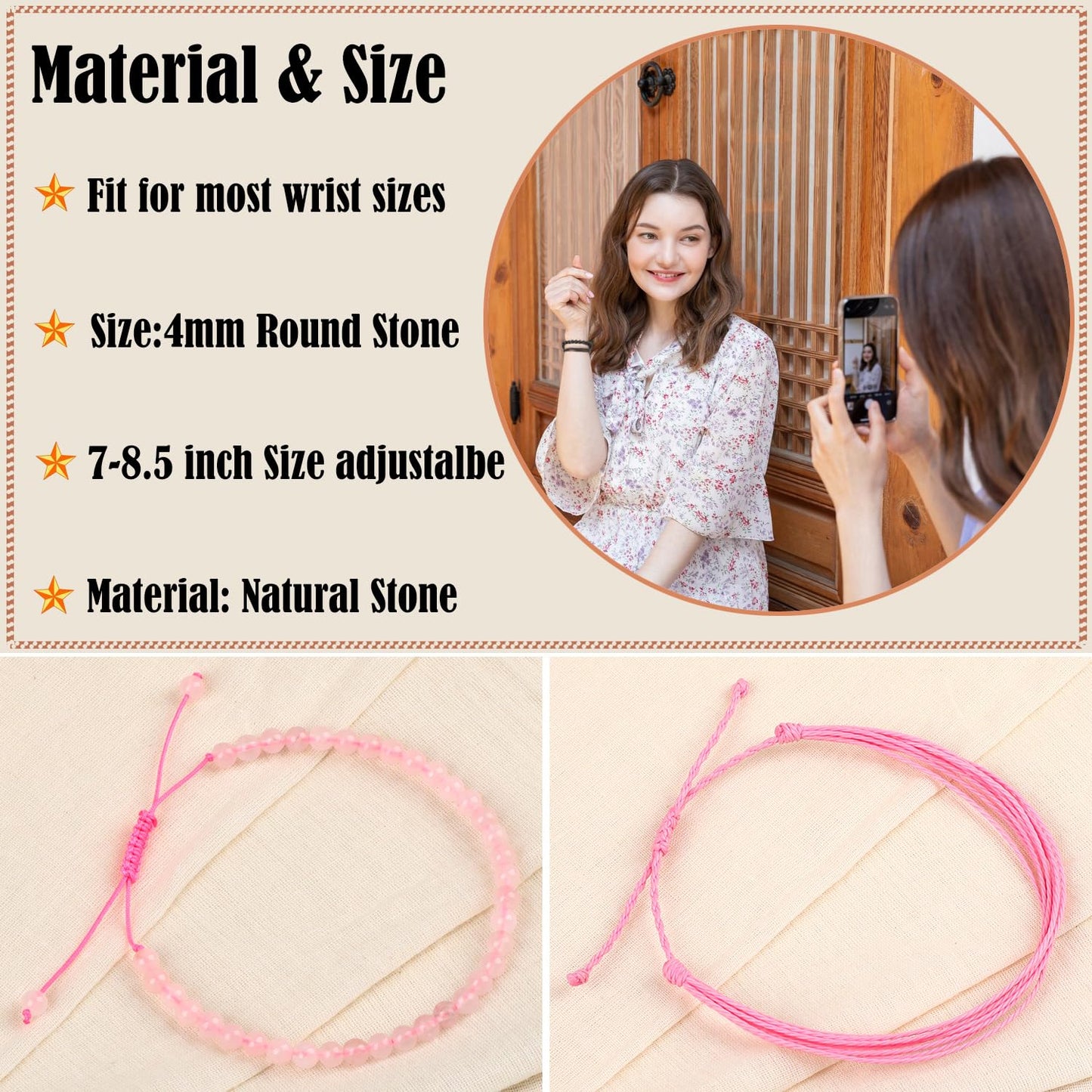 LPBeads 4mm Rose Quartz Bracelet with Handmade Rope Bracelet Size Adjustable Natural Stone Crystal Healing Bracelets Gifts for Unisex Adults