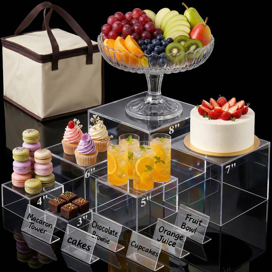 DomeStar 6PCS Clear and White Buffet Risers with Mini Sign, Food Risers Dessert Table Display Set for Buffet Table Party Catering Cupcake Cake Jewelry, Nesting Boxes for Food Display 8" 7" 6" 5" 4" 3"