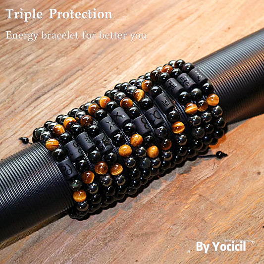 Yocicil Birthday Gift, Rainbow Black Obsidian Mens Bracelet, Couples Bracelets 10mm Natural Tigers Eye Hematite Bracelet, Zodiac Healing Crystal Bracelet Good Luck Gifts (Taurus gifts)