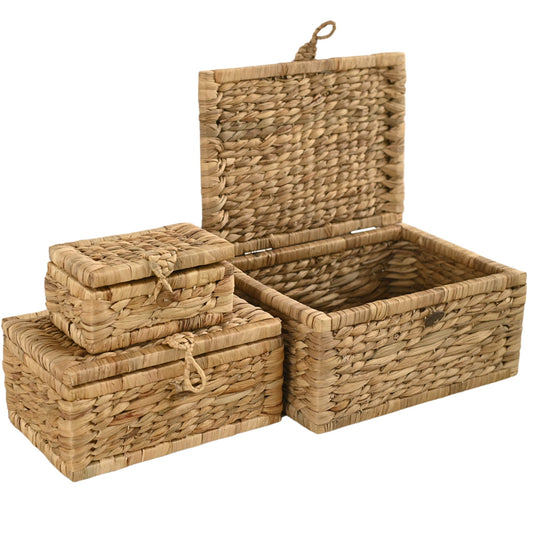 ChumDecor Wicker Storage Basket with Lid Set of 3 – Decorative Water Hyacinth Boxes for Organizing Toys, Clothes & Essentials – Handwoven Natural Storage Bins for Home Decor