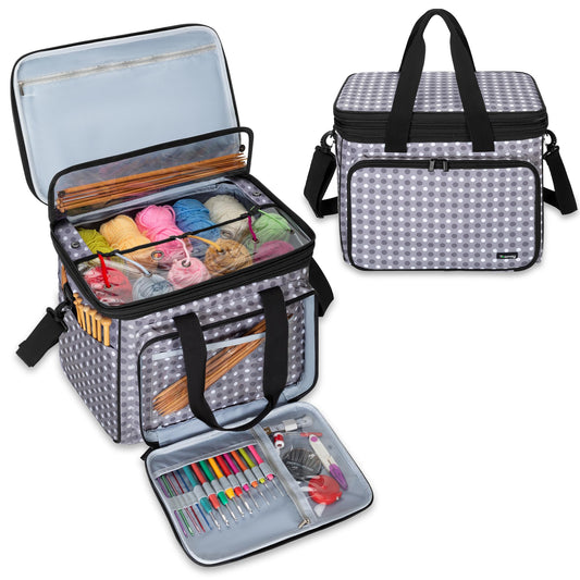 Teamoy Knitting Bag with Divider and Cover, Portable Yarn Storage Organizer for Crochet Accessories and Knitting Needles,Ideal for Knitting Enthusiasts, Gray Dots