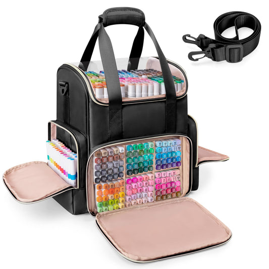 Rexmica Double Layer Marker Organizer Bag Fit for 400 Markers, Large Marker Storage Case with Dividers and Multiple Pockets for Art Markers, Coloring Book or Other Painting Supplies, Black (Patented)
