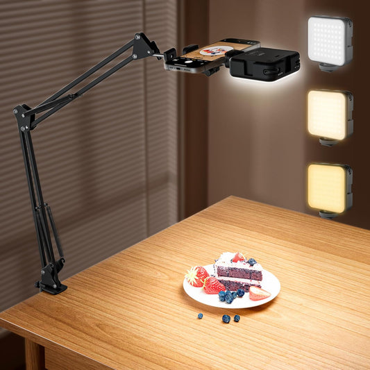 AIXPI Overhead Phone Mount with LED Selfie Light and Bluetooth Remote, Rechargeable Camera Light Tripod Stand