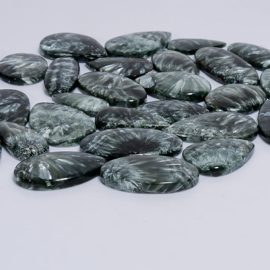 Natural Seraphinite Gemstone- Healing Crystals for DIY Jewelry Making -Loose Natural Cabochon -Perfect for Crafting Unique Jewelry Designs Gift for Her, Mother and Wife (5 pcs, 25-35 mm)