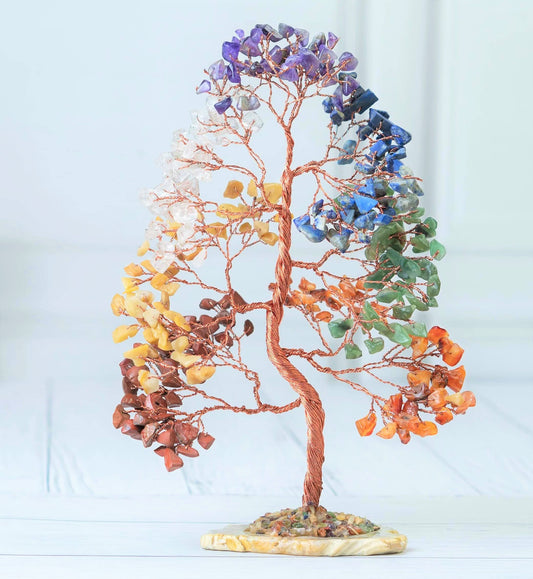 Crocon® 7 Chakra Tree of Life Spiritual Wisdom, Agate Slice Base, Handmade Crystal Tree for Positive Energy, Creativity, Seven Chakra Healing Stone, Attract Good Luck & Charm, Feng Shui Decor, Gifts
