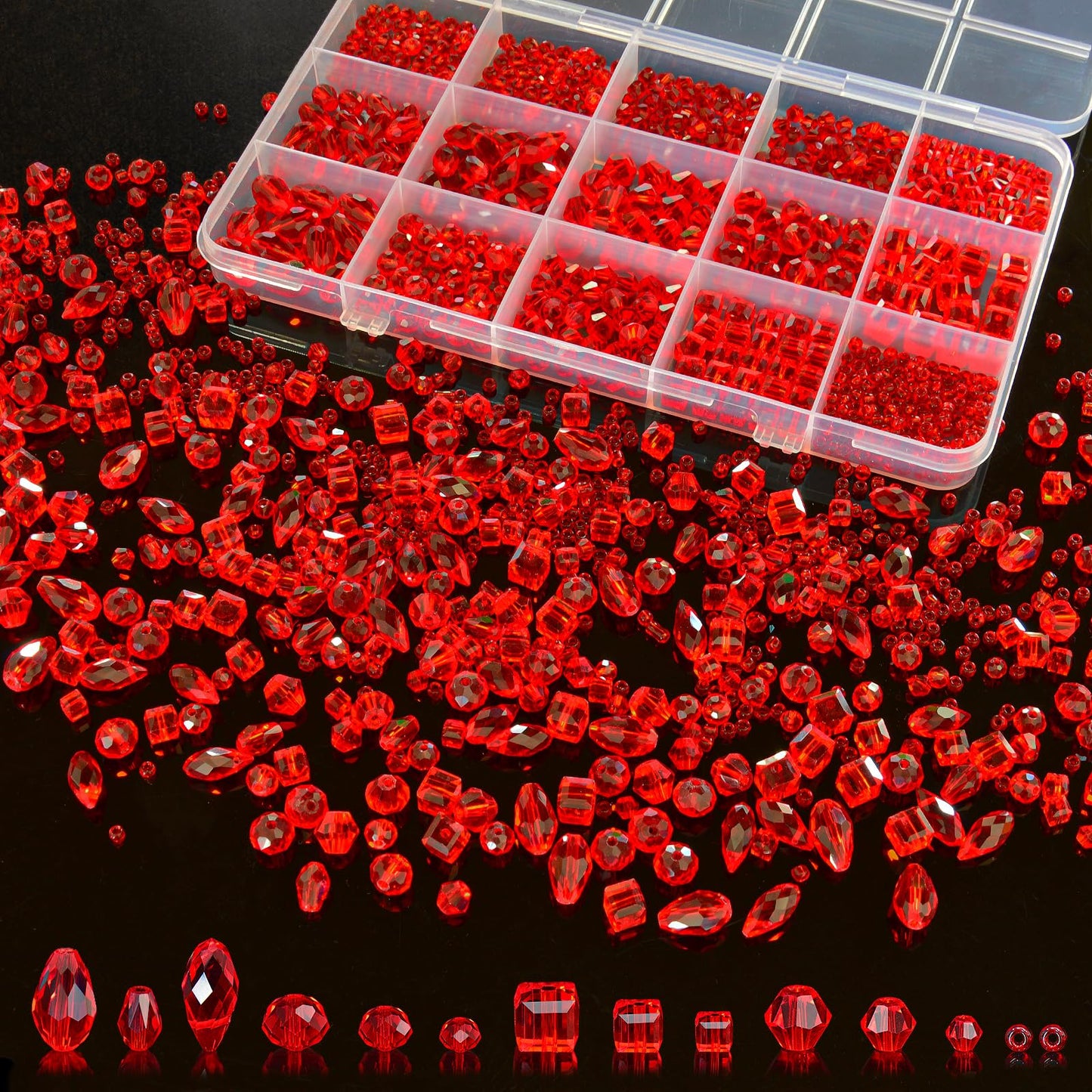 Laopottbeads 1500 Pcs Crystal Glass Beads for Jewelry Making – 12 Styles Bicone, Rondelle, Cube, Teardrop & 3mm Spacer Beads, DIY Bracelet Necklace Earring Craft Kit with Organizer Box(Red)