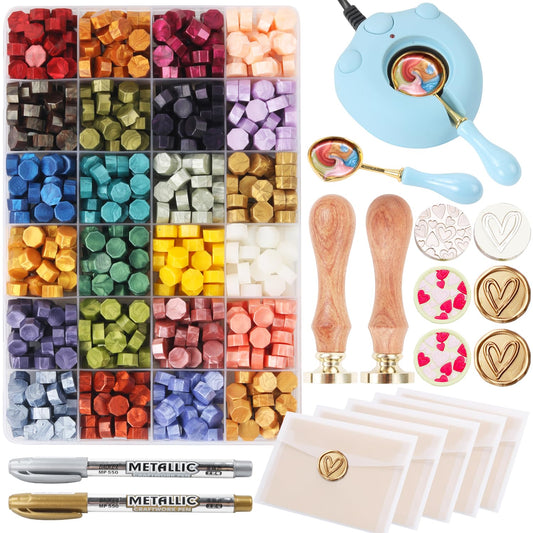 Wax Seal Stamp Kit with 24 Colors Wax Seal Beads 600pcs, WASOHLING 2PCS Love Heart WaxSeal Stamps with Electric Sealing Warmer Set, Envelopes and Metallic Pen for Letter Sealing
