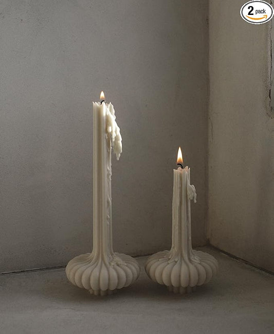 LAWA Set of 2 Pumpkin Base Candle - Beautiful Handmade Pillar Unscented Soy Wax Elegant Aesthetic Vase Candle Housewarming Gift Home Room Shelf Decor Idea White