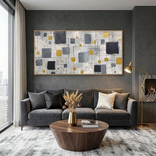 KLAKLA Modern Abstract Wall Art Poster - Unframed Black, Gold & Gray Decor | 40x20 Inches for Living Room & Office