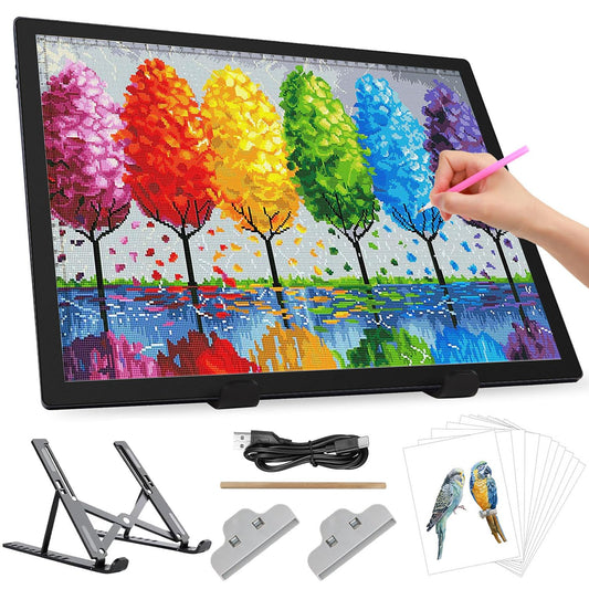 Zocelight A3 Rechargeable Light Box with Stand/Clips,led Light pad with 3000mAh Battery,3 Colors dimmable and 6 Level dimming Light Table for Diamond Painting,Drawing,Sketching,Tattoo,Vinyl Weeding