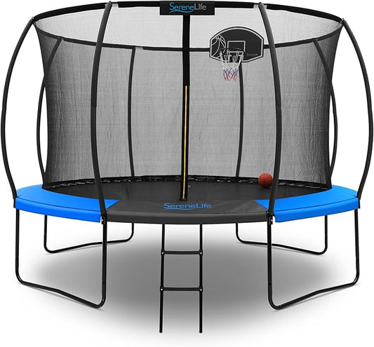 SereneLife 8FT 10FT 12FT 14FT Outdoor Trampoline for Kids and Adults – ASTM Certified Heavy-Duty Backyard Trampoline with Safety Poles, Net Enclosure, and Stable Anti-Rust Frame
