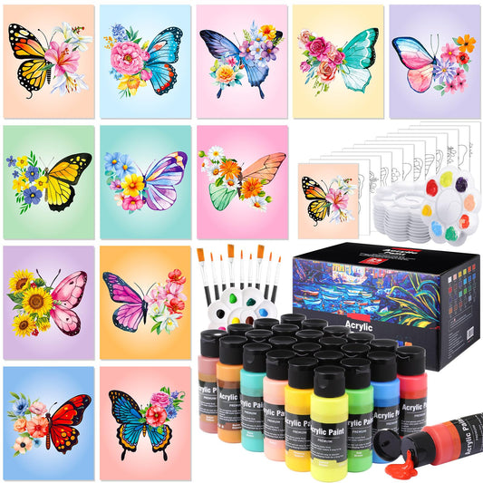 AmazingSpark 12 Set Paint and Sip Kit for Adults 8"x 10" Pre Drawn Canvas for Painting DlY Acrylic Paint Set with Brushes, 24 Colors(60ml, 2oz) for Date Night Party Supplies(Butterfly)