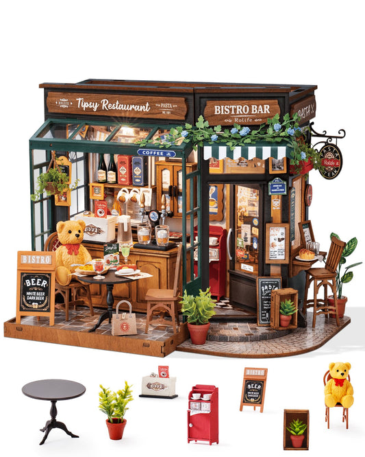 Rolife DIY Miniature House Kit for Adults, Tipsy Restaurant Mini Wooden Dollhouse Kit, Bakery Tiny House Diorama Building Kits-Birthday Craft Home Decor Hobbies Gift for Teens Kids