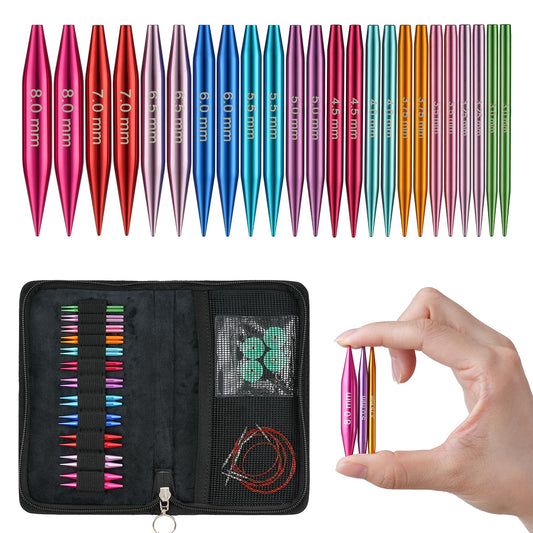 Guclud Short Interchangeable Knitting Needles Set 2-Inch Shorties Circular Knitting Needles for Sock, Sizes US 2.5, 3, 4, 5, 6, 7, 8, 9, 10, 10.5, 11 with Cables, Accessories and Case (12 Pairs)