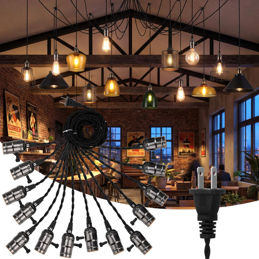 Tujoe 1 Pcs Vintage Pendant Light Sockets Light Cord Kit with Switches DIY Bulb Socket with Cord for E26 E27 Lamp Socket Lantern Bedroom Living Room Decor (1 Plug with 14 Sockets,Black)