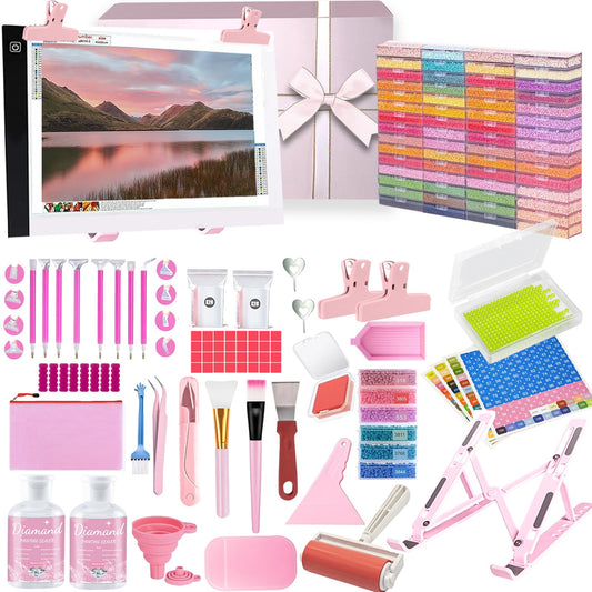 Qlonry 185 Pcs All Inclusive Diamond Painting Tool Kit Diamond Art Accessories Kit Including A4 LED Light Pad Kit,Bracket,Convex Point Design Storage Box,Painting Pen for DIY Craft