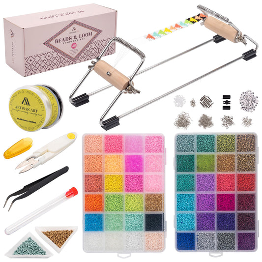 Complete Bead Loom Kit with 24,000 Colorful Glass Beads for Jewelry Making, Non-Stretch Thread and Big-Eye Beading Needles - DIY Craft Supplies Set for Creating Beaded Bracelets, Earrings, Rings
