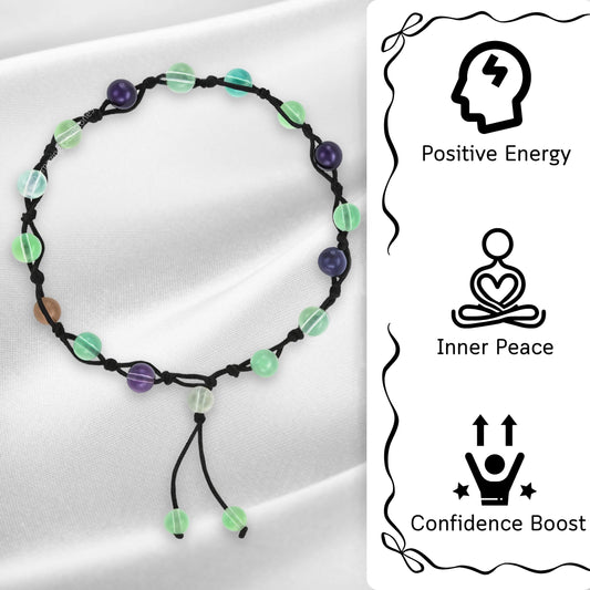 Amazing Gemstone Multi Fluorite Anklet Ankle Bracelets for Women - Waterproof Beaded Healing Crystal Anklets, Plus Size Chakra Gemstone Bead Anklet (Stretchy Adjustable - Hand Knotted)