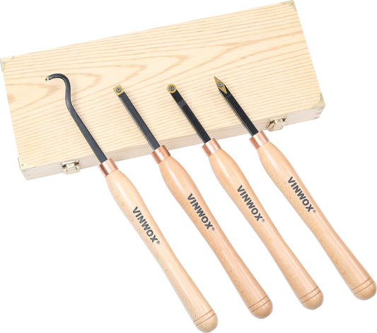 VINWOX 13.5" 4 PCS Carbide Wood Lathe Turning Tool Set, Pen Turning tool, Including Swan Neck Hollower, Rougher, Finisher, Detailer, Titanium Coated Carbide Blades 2X Service Life, Beech Wood Handle