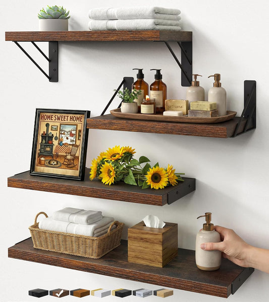 BAYKA Floating Wall Shelves - Rustic Wood Bathroom & Living Room Storage | Set of 4, Rustic Brown